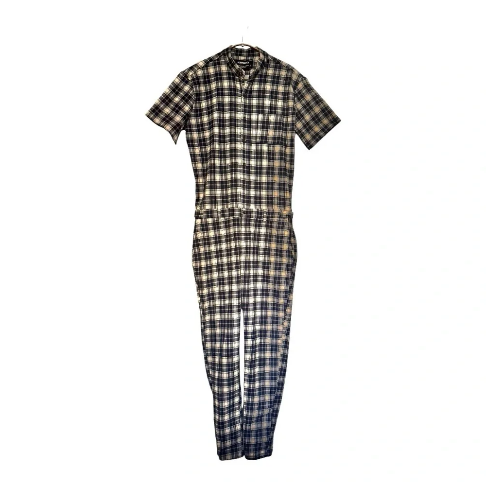NWOT Men's ROMPERJACK short sleeved romper, jumpsuit, blue plaid flannel, size L